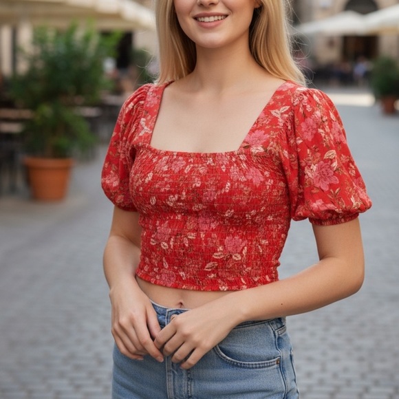 Red Floral Smocked Puff Sleeve Crop Top With Bow-Tie Back Small - Picture 1 of 8